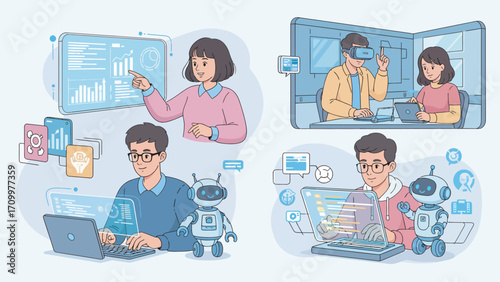 People interact with technology using virtual reality, laptops, and robots in a futuristic workplace, showcasing innovation and collaboration.