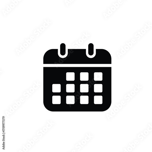 A minimalist black and white icon representing a calendar with a grid of squares, suggesting dates and scheduling.