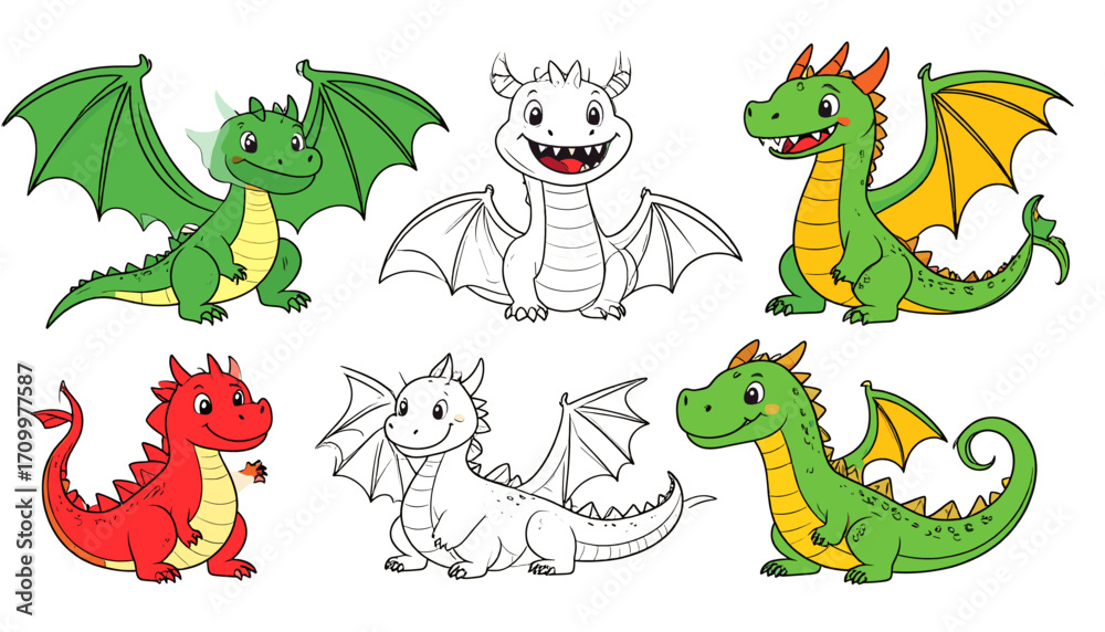 Obraz premium Cartoon dragon set with outline version