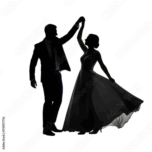 Couple dancing elegantly in formal attire silhouette isolated on white background
