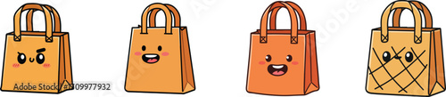 Collection of four luxury leather handbags in different styles and colors featuring gold hardware and handles perfect for fashion and retail concepts vector