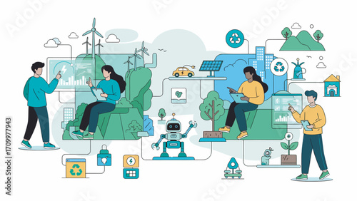People interact with sustainable technology solutions in nature and urban environments, showcasing ecofriendly innovation and harmony between humanity and the planet.