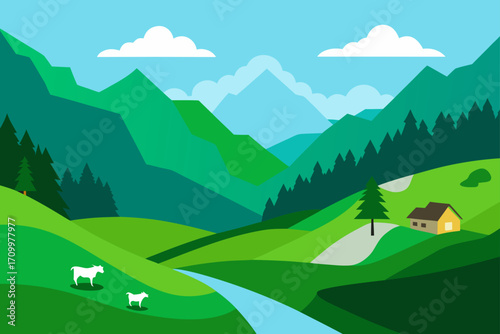 Idyllic mountain landscape with rolling hills and grazing goats