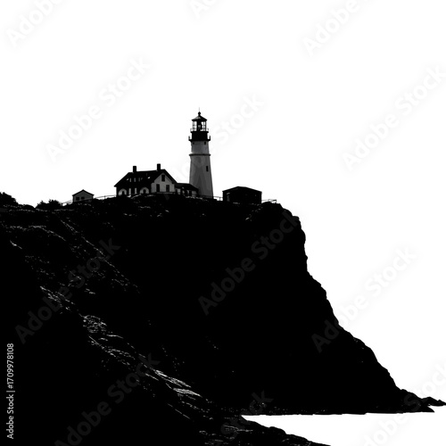 Lighthouse on a cliff edge silhouette isolated on white background