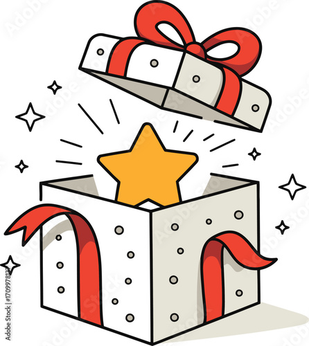 Surprise gift box opens revealing a glowing golden star and festive sparkles, perfect for celebrations