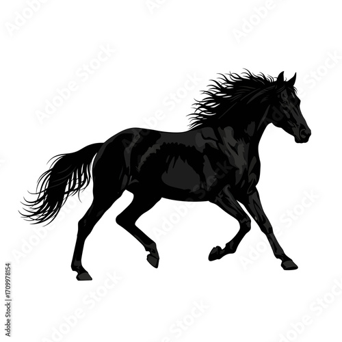 Black horse running silhouette isolated on white background