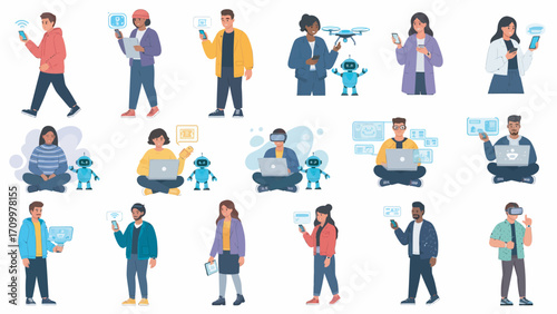 Diverse group of people interacting with augmented reality devices and robots in a futuristic setting, showcasing technological advancements and humanmachine interaction with a sense of innovation.