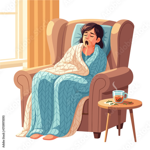 Tired woman yawning under blanket with tea