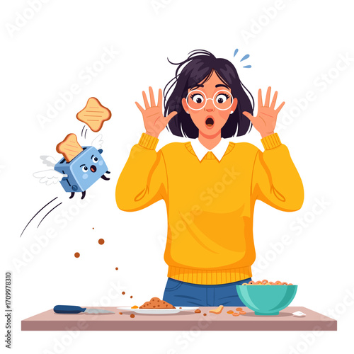Woman startled by a flying toaster