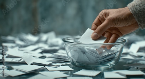 A hand selecting a paper from a glass bowl full of small white papers on a surface