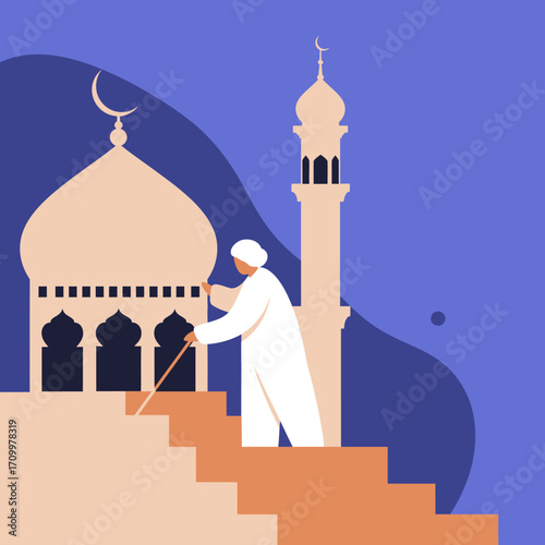 Elderly Muslim man with walking stick ascending stairs to a mosque. Represents faith, tradition, and spiritual journey during Islamic holidays.