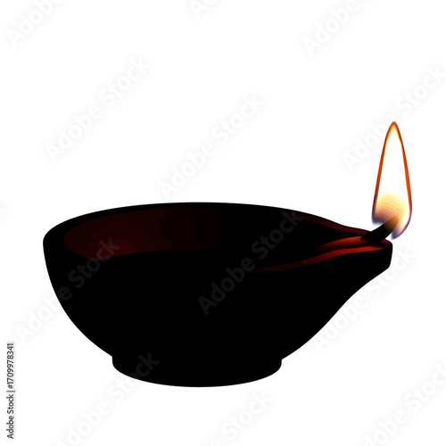 Burning diya oil lamp silhouette isolated on white background