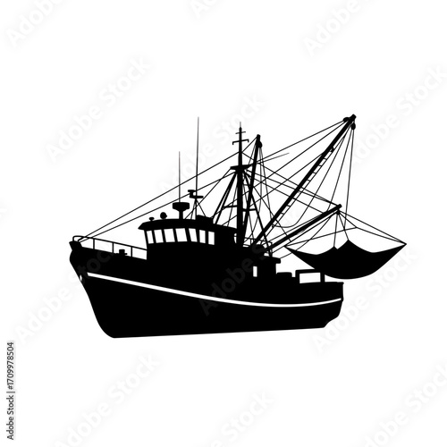 Black silhouette of a fishing trawler boat isolated on white background