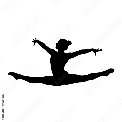 Gymnast performing a split leap silhouette isolated on white background