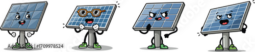 Charming solar panel characters four adorable animated photovoltaic modules standing upright with friendly expressions for eco friendly concepts vector