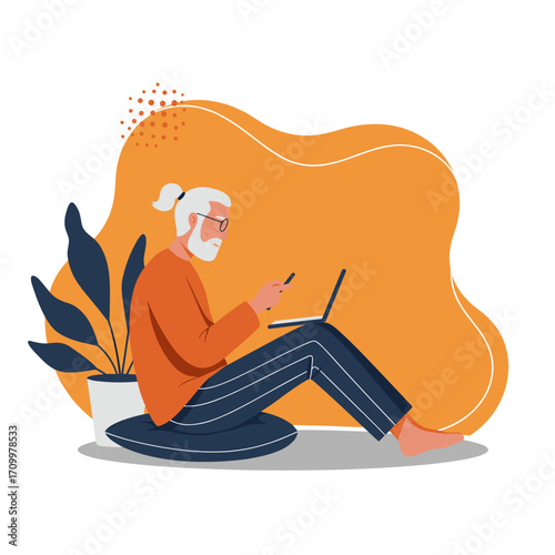 Person with dreadlocks working remotely on a laptop and smartphone while relaxing in a hammock. Concepts of flexible work, digital nomad lifestyle, and remote productivity.