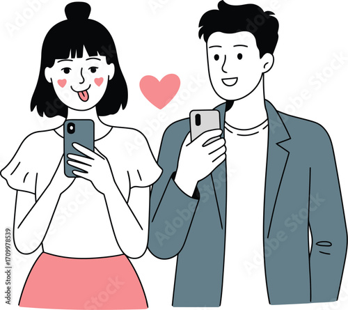 Young couple texting happily with heart symbol, sharing connection through smartphones in modern style