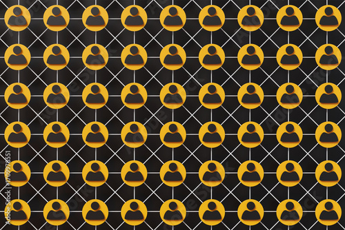 Array of a black paper cutout of a human icon on a yellow circle connecting adjacent icons by white lines. Illustration of the concept of social networking and communication skill