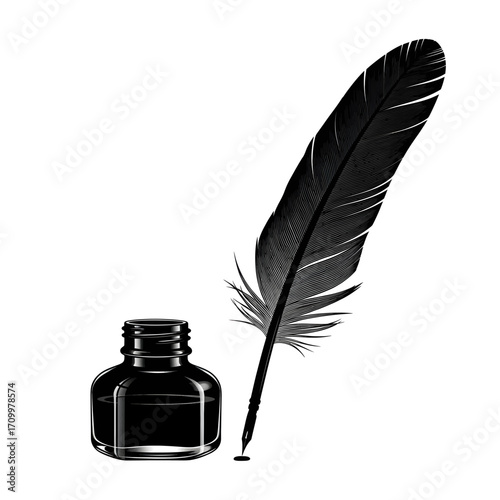 Feather quill pen and inkwell silhouette isolated on white background