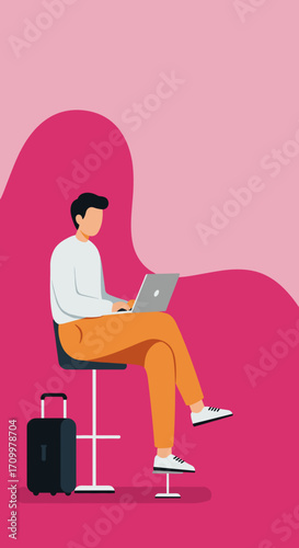 A confident woman engages with her laptop in a minimalist setting with a potted plant, representing modern work, freelancing, and digital lifestyle.