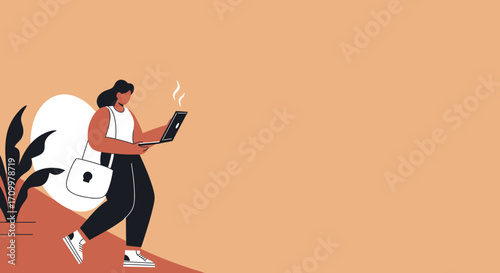 Modern woman on the go, focused on her laptop with steaming innovation. Ideal for themes of productivity, remote work, and digital lifestyle.