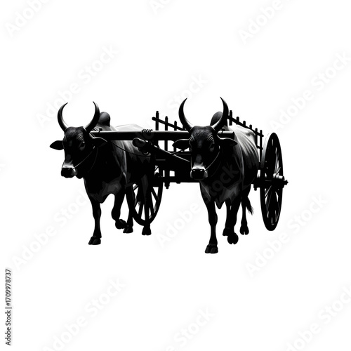 Two oxen pulling a cart silhouette isolated on white background