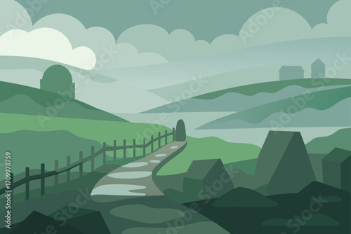 Misty landscape with rolling hills and a winding path