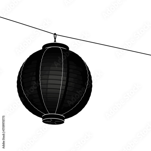 Black paper lantern hanging on a string silhouette isolated on white background