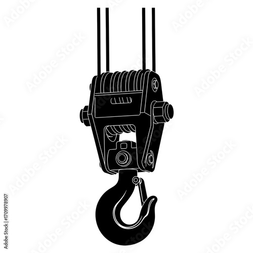 Heavy duty crane hook pulley block silhouette isolated on white background