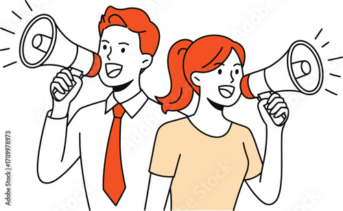 Excited business team announces important news with megaphones, spreading the word effectively and dynamically