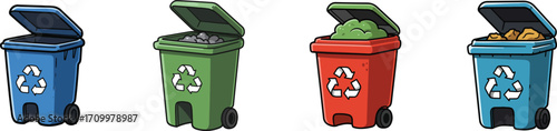 Collection of four colorful recycling bins with open lids and visible recycling symbols representing different waste sorting categories for environmental awareness. vector