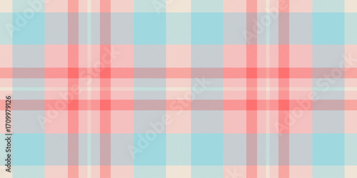 Pastel plaid pattern with intersecting red and blue lines. Ideal for backgrounds, textiles, or festive themes. Delicate, soft, and versatile design.