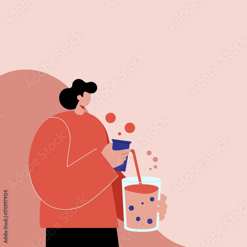 Modern illustration of a person pouring a vibrant fruit drink. Captures healthy lifestyle, refreshment, and homemade beverage concepts.