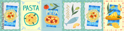 Blue set food poster with pasta and pizza. Italian food poster. Kitchen postcard with Italian spaghetti, cheese and sardine