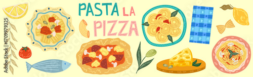 Italian food pizza and pasta set with crayon texture. Sardine, lemon and tomato summer food.