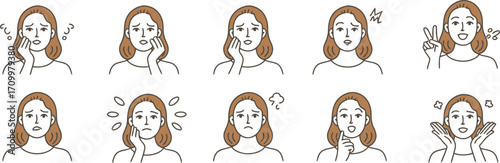 Expressive woman's face icons showing diverse emotions from worry to joy and contemplation