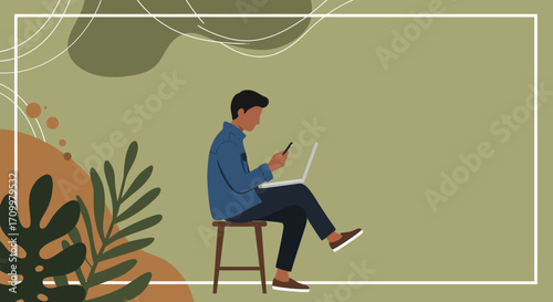 Young man multitasking with laptop and smartphone in a stylish, abstract setting with botanical elements. Ideal for remote work, digital communication, or freelance concepts.
