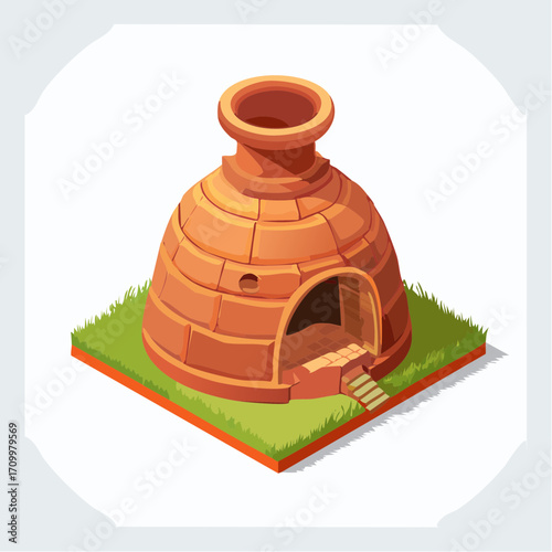 Charming clay oven building with arched entrance and steps on grassy island