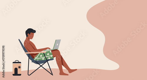 Person working on a laptop from a beach chair, combining relaxation and productivity. Ideal for remote work, digital nomad, and travel concepts.