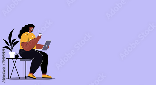 Focused woman uses laptop and smartphone simultaneously, embodying modern remote work, digital communication, and online productivity in a contemporary lifestyle setting.
