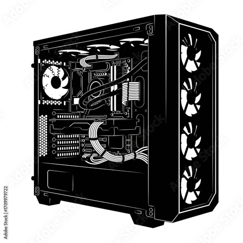 Open computer tower internal components silhouette isolated on white background