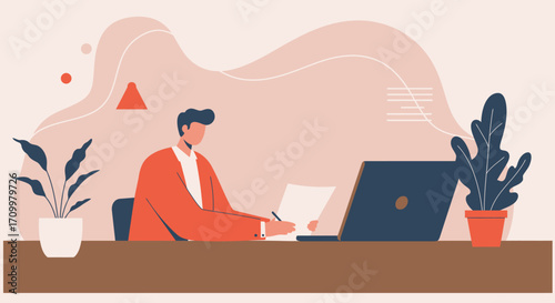 Young man working productively at his modern desk with a laptop and papers, ideal for business, technology, and remote lifestyle concepts.