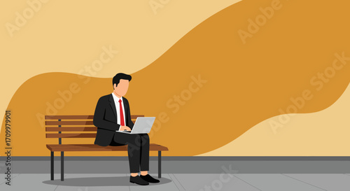 Professional businessman working remotely on a laptop while sitting on a bench. Illustrates freelance work, digital nomad lifestyle, or mobile business operations with copy space.