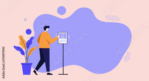 Man interacting with a smart home display, managing property with digital technology and automation. Modern lifestyle concept.