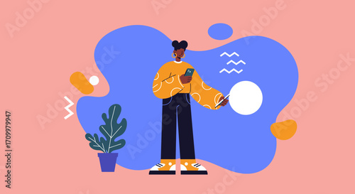Young woman interacting with digital technology, holding a smartphone and stylus for creativity or communication in a modern flat design illustration.