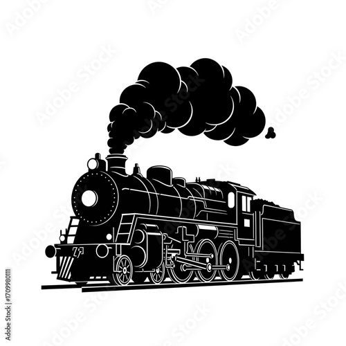 Vintage steam locomotive emitting smoke silhouette isolated on white background