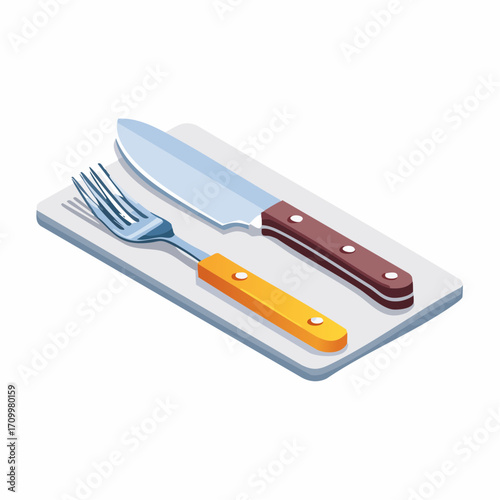 Sharp knife and fork ready for a delicious meal on a clean cutting board
