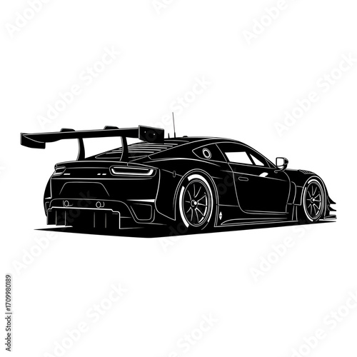 Sleek sports car silhouette with large rear wing isolated on white background