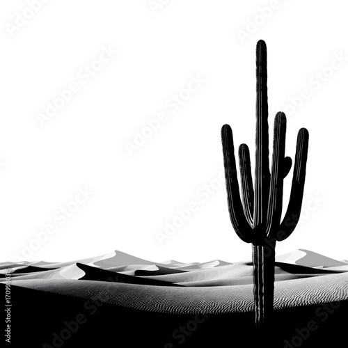 Saguaro cactus silhouette in a desert landscape isolated on white background
