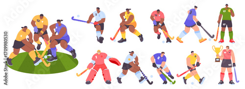 Hand Drawn Modern Flat Art of a Field Hockey Player Set
